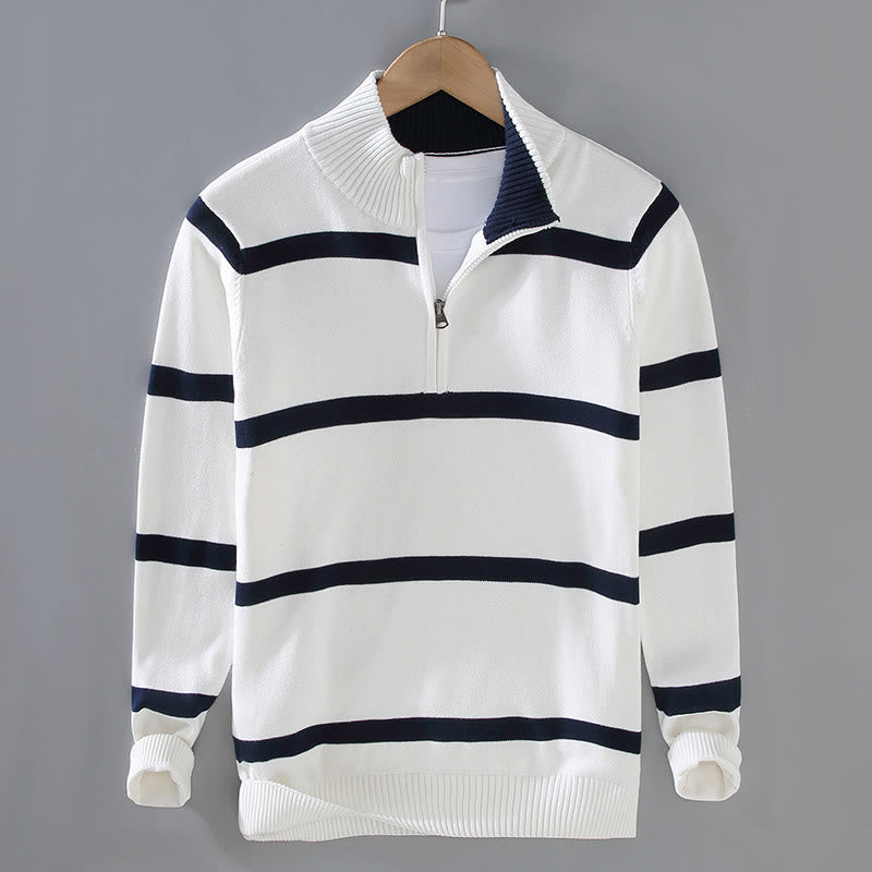 Buddha Stonesカラーコントラストストライプハーフジッパーデザインコットンメンズ長袖セーター - ホワイトミッドナイトブルーストライプ - US/UK/AU42、 EU52 (3XL) - image 1