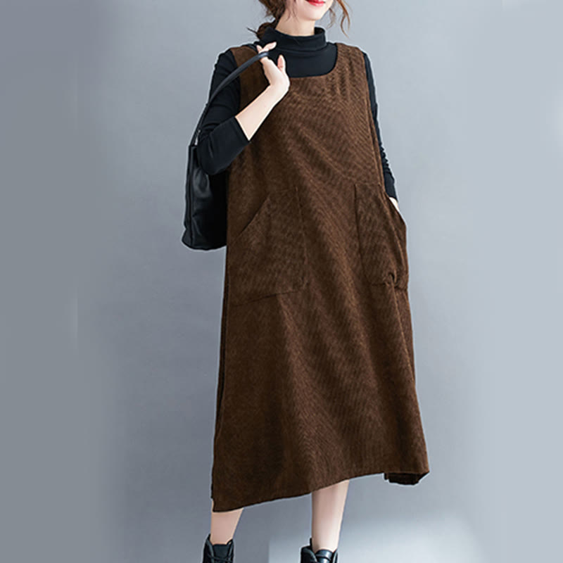 Buddha Stones通勤用クルーネック レディース ノースリーブ コットン コーデュロイ ミディドレス ポケット付き - image 5