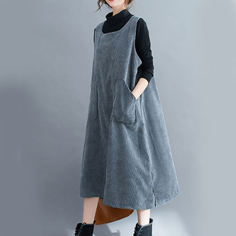 Buddha Stones通勤用クルーネック レディース ノースリーブ コットン コーデュロイ ミディドレス ポケット付き - image 24