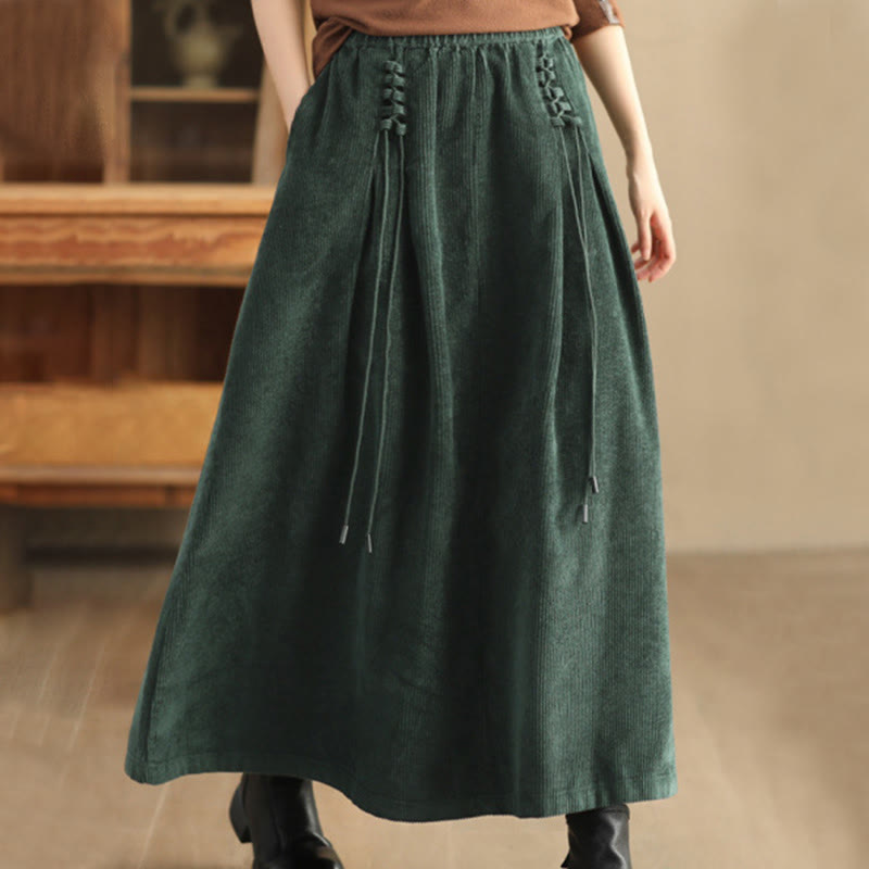 Buddha Stonesレディース 無地コットンコーデュロイ 7-8丈スカート ポケット付き - ダークグリーン - US12、 UK/AU16、 EU44 (2XL) - image 0
