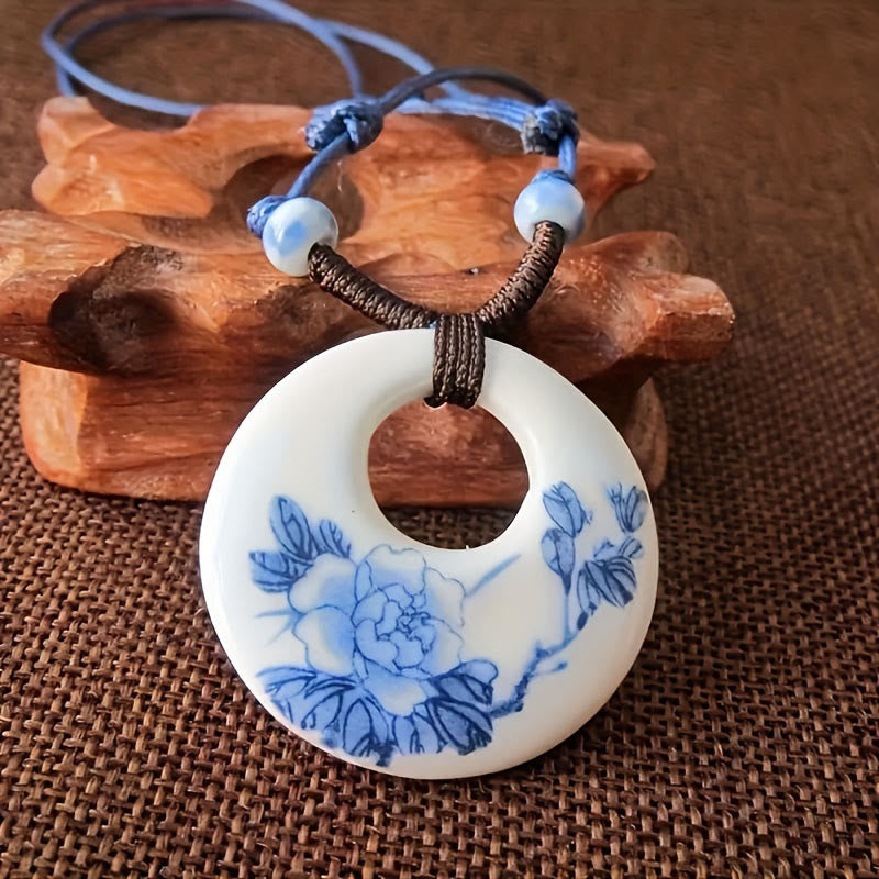 Buddha Stonesエスニック 牡丹 桃の花 蓮のシンボル 陶器 ネックレス 悟りのペンダント - 牡丹 - image 0