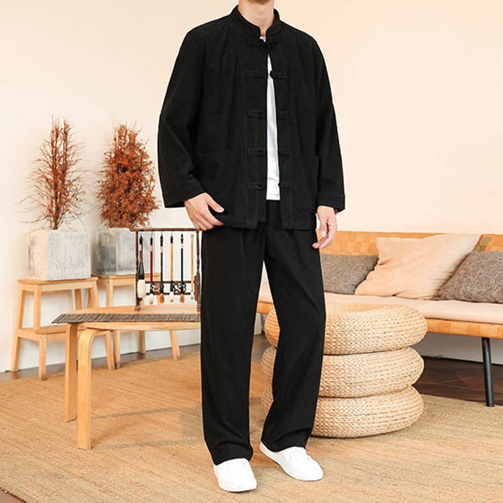 Buddha Stones 2点セット 無地 メンズ フロッグボタン 長袖シャツ パンツ コットン コーデュロイ セット ポケット付き - image 23