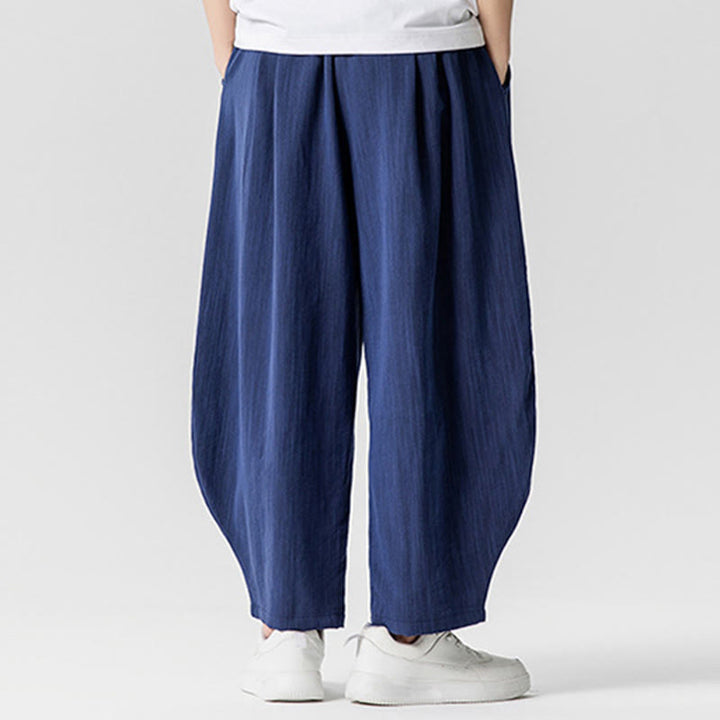 Buddha Stones夏 純色 ドローストリング メンズ コットン アンクル丈 パンツ ポケット付き - image 2