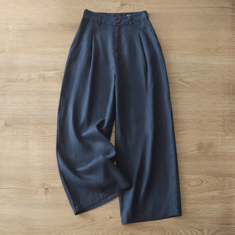 Buddha Stones無地コットン レディース ボタン ワイドレッグパンツ ポケット付き - ダークブルー - US8-10，UK/AU12-14，EU40-42 (2XL) - image 0