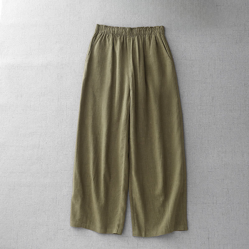 Buddha Stonesカジュアル 無地 ロープ レディース コットン 7-8丈 パンツ ポケット付き - オリーブ - US8-10，UK/AU12-14，EU40-42 (2XL) - image 1
