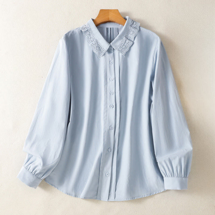 Buddha Stonesカジュアル レディース 長袖 レースラペル コットンシャツ - ライトスカイブルー - US12、 UK/AU16、 EU44 (2XL) - image 0