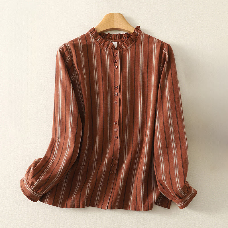 Buddha Stonesカジュアル レトロ ストライプ レディース 長袖 ポリエステル シャツ - 耐火レンガ - US12、 UK/AU16、 EU44 (2XL) - image 0