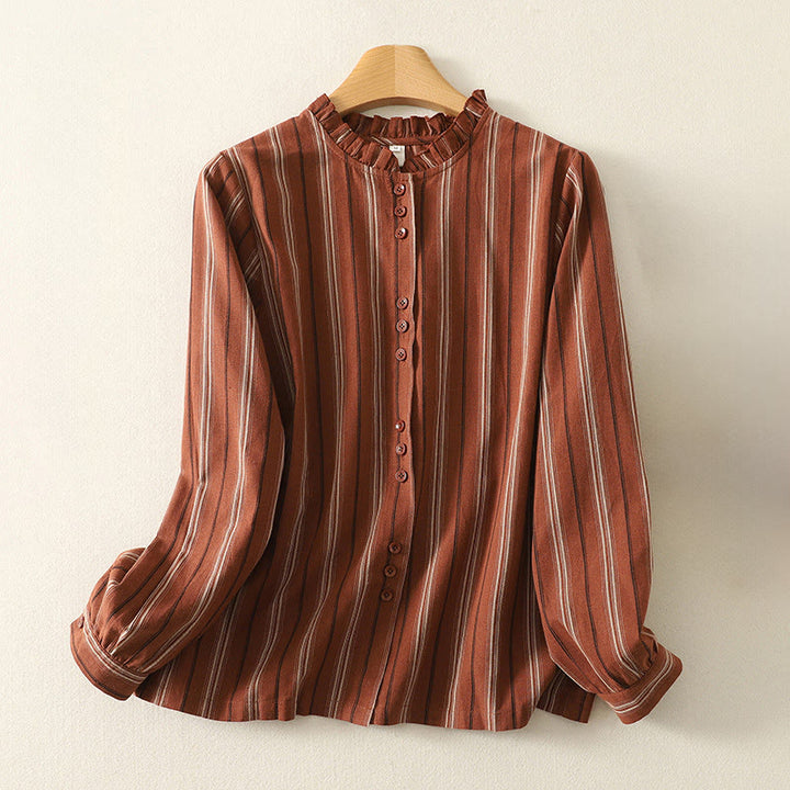 Buddha Stonesカジュアル レトロ ストライプ レディース 長袖 ポリエステル シャツ - 耐火レンガ - US12、 UK/AU16、 EU44 (2XL) - image 0