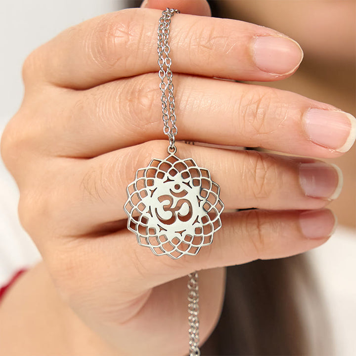 Buddha Stones中空蓮華デザイン Omシンボル ステンレススチール コネクションネックレス ペンダント - image 13