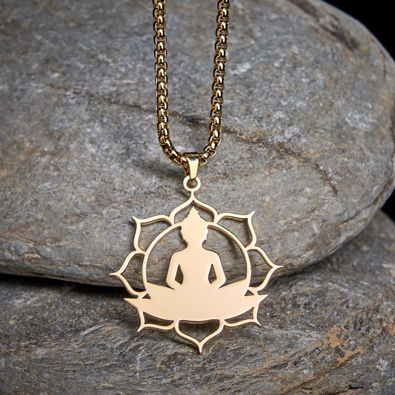 Buddha Stonesヴィンテージ 蓮仏座像デザイン ステンレススチール 悟りのネックレスペンダント - 金 - image 0