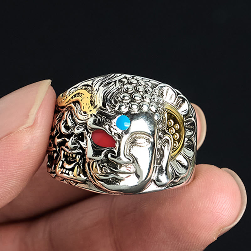 Buddha Stones半鬼 半仏 蓮 銅製 セレニティ 調節可能リング - image 1