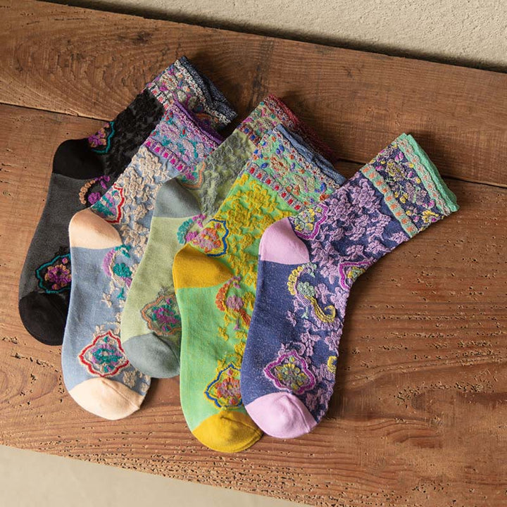 Buddha Stonesレトロエンボス加工 花柄 マイクロクルー レディース コットンソックス - image 22