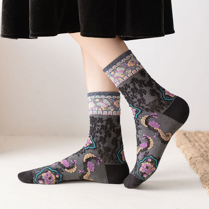 Buddha Stonesレトロエンボス加工 花柄 マイクロクルー レディース コットンソックス - image 5