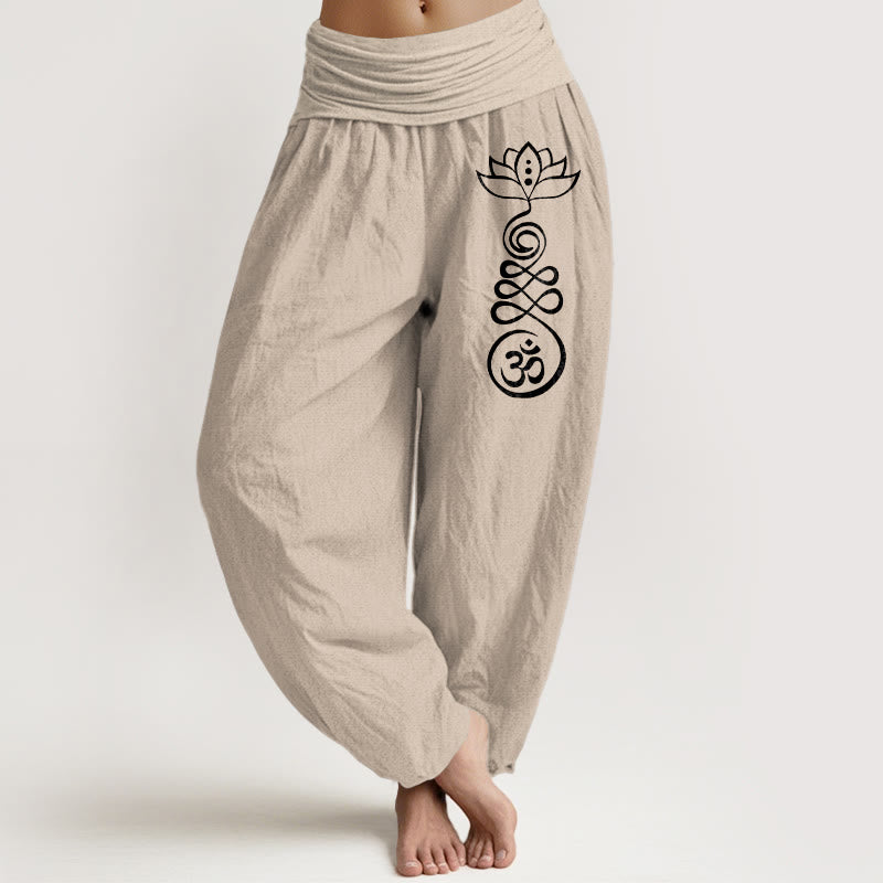 Buddha Stones無地 蓮 オム柄 レディース 伸縮性ウエスト ハーレム コットンパンツ - タン - US22、 UK/AU26、 EU54 (6XL) - image 14