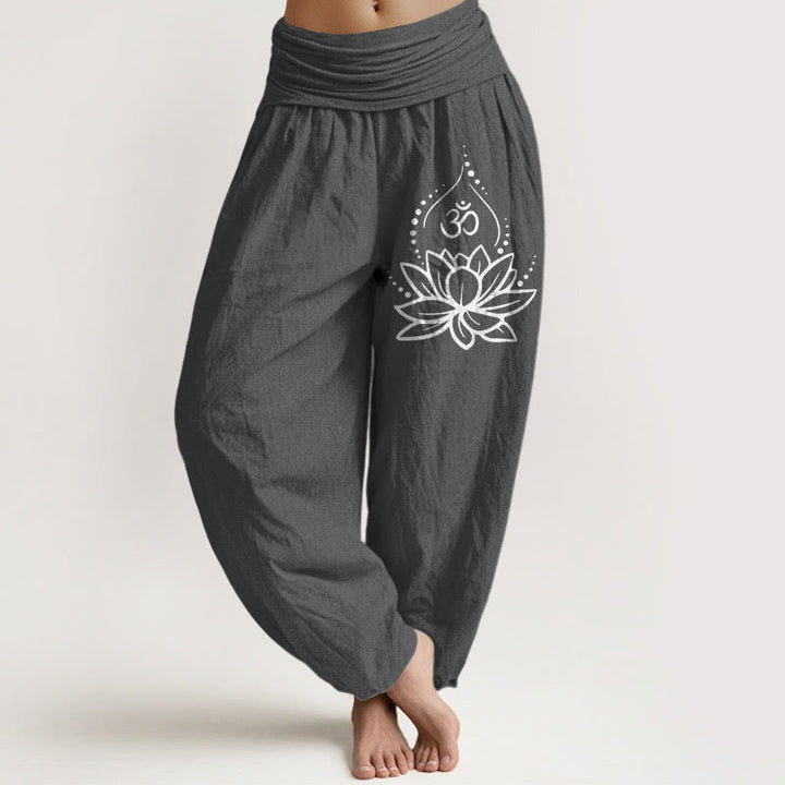 Buddha Stonesと蓮の花、オームシンボル柄、レディース 伸縮性ウエスト ハーレム コットンパンツ - 薄暗い灰色 - US22、 UK/AU26、 EU54 (6XL) - image 8