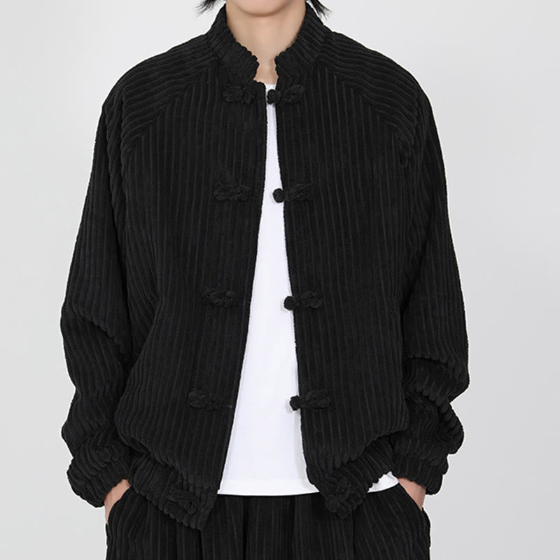 Buddha Stonesメンズ チャイニーズプレーンフロッグボタン 長袖 コットンコーデュロイジャケット ポケット付き - image 1