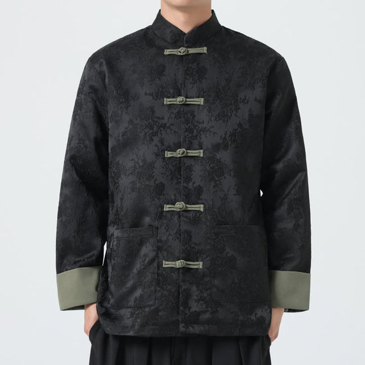 Buddha Stonesジャカード フロッグボタン 長袖 メンズ コットンジャケット タンスーツ ポケット付き - 黒 - US/UK/AU46、 EU56 (5XL) - image 0