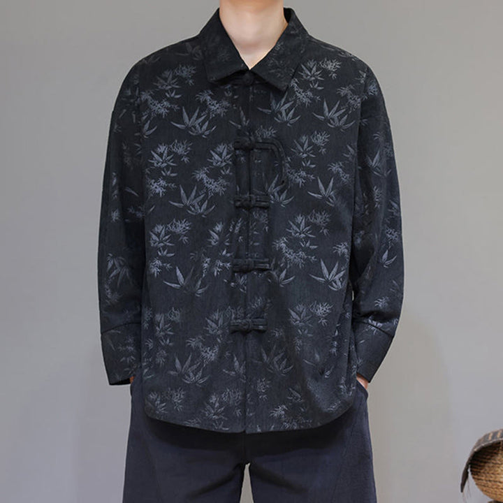 Buddha Stonesジャカードの葉柄カエルボタン長袖メンズコットンタンスーツジャケット - image 5