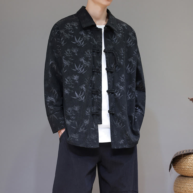 Buddha Stonesジャカードの葉柄カエルボタン長袖メンズコットンタンスーツジャケット - 黒 - US/UK/AU48、 EU58(5XL) - image 0