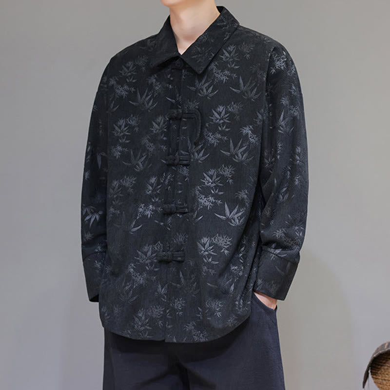 Buddha Stonesジャカードの葉柄カエルボタン長袖メンズコットンタンスーツジャケット - image 2