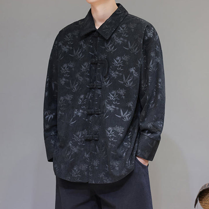 Buddha Stonesジャカードの葉柄カエルボタン長袖メンズコットンタンスーツジャケット - image 2