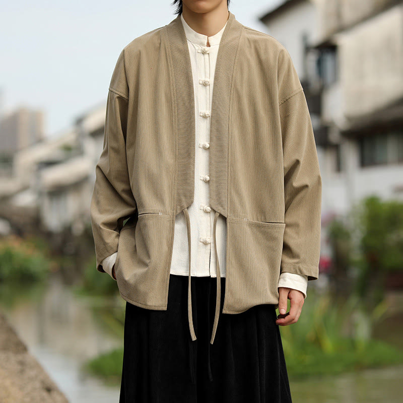 Buddha Stones無地 オープンフロント 長袖ジャケット メンズ コットン コーデュロイ 着物 ポケット付き - image 2