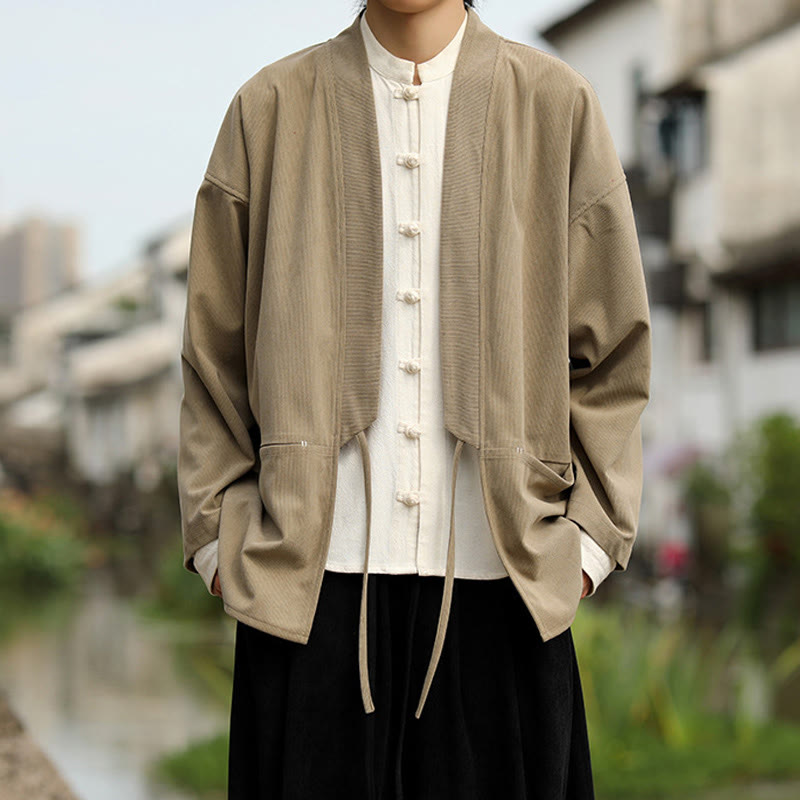 Buddha Stones無地 オープンフロント 長袖ジャケット メンズ コットン コーデュロイ 着物 ポケット付き - image 1