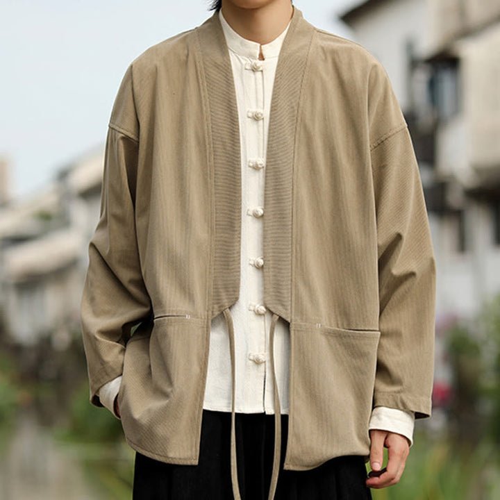 Buddha Stones無地 オープンフロント 長袖ジャケット メンズ コットン コーデュロイ 着物 ポケット付き - image 3