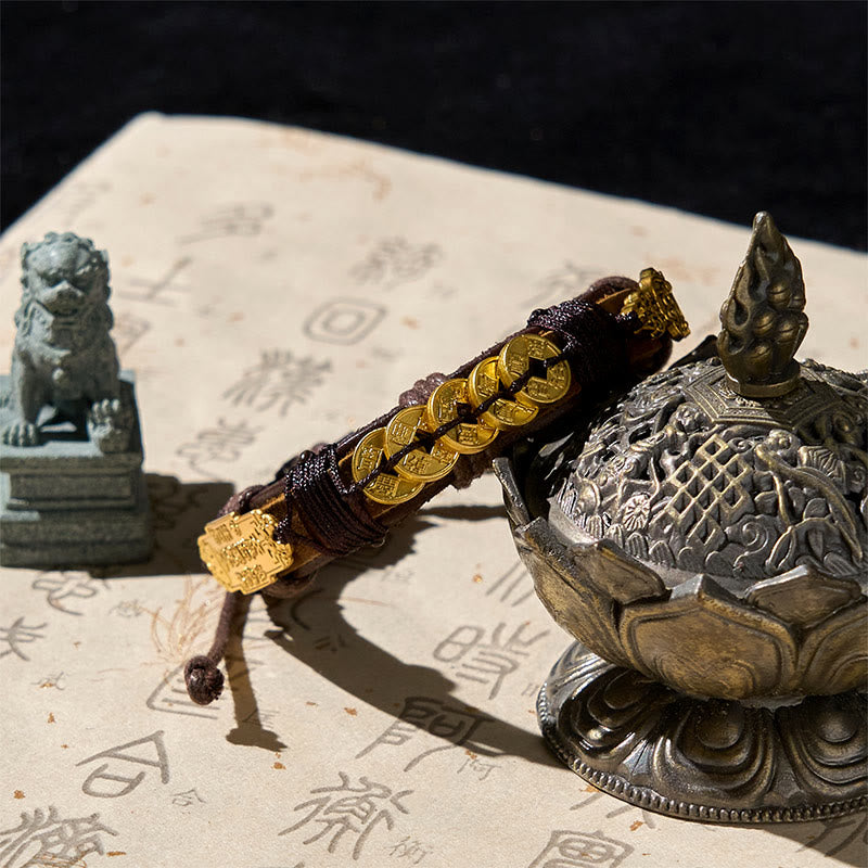 Buddha Stones五帝銭 貂秀富革ロープブレスレット  - image 1