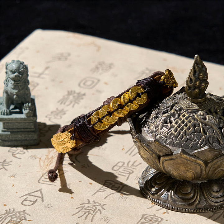 Buddha Stones五帝銭 貂秀富革ロープブレスレット  - image 1