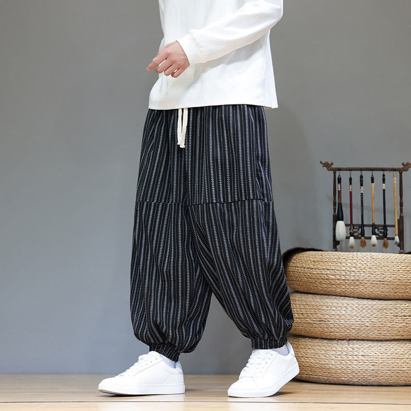 Buddha Stones秋 ストライプ柄 ドローストリング メンズ ハーレム コーデュロイ パンツ ポケット付き - image 0