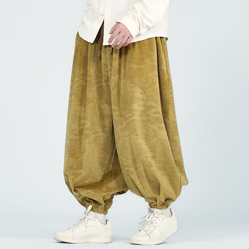 Buddha Stones秋冬 無地 ジャカードデザイン ドローストリング メンズ ハーレムパンツ ポケット付き - image 2