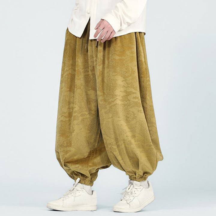 Buddha Stones秋冬 無地 ジャカードデザイン ドローストリング メンズ ハーレムパンツ ポケット付き - image 2