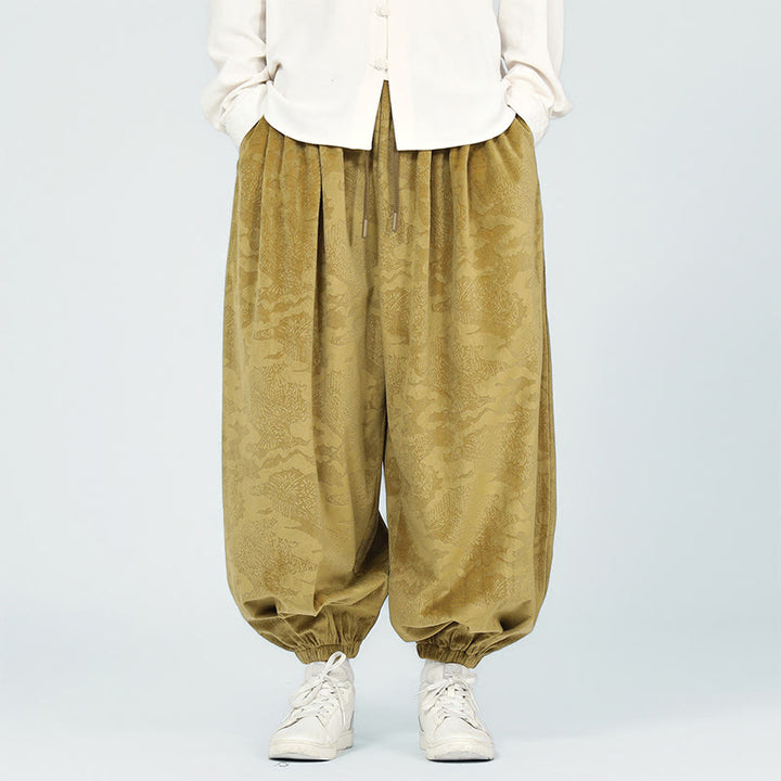 Buddha Stones秋冬 無地 ジャカードデザイン ドローストリング メンズ ハーレムパンツ ポケット付き - image 3
