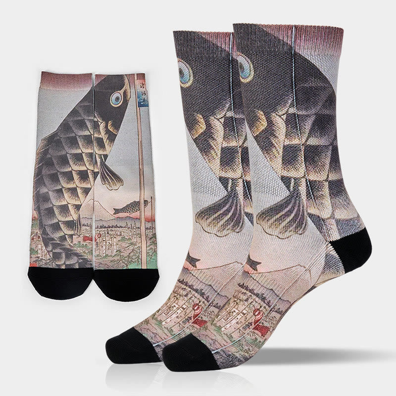 Buddha Stonesカジュアル鯉富士山 マイクロクルー メンズ レディース ユニセックス ソックス - ライトグレー - ML(US 8-12、 EU 41-45、 UK/AU 7.5-11.5、AISA 25.5-28.5cm) - image 0