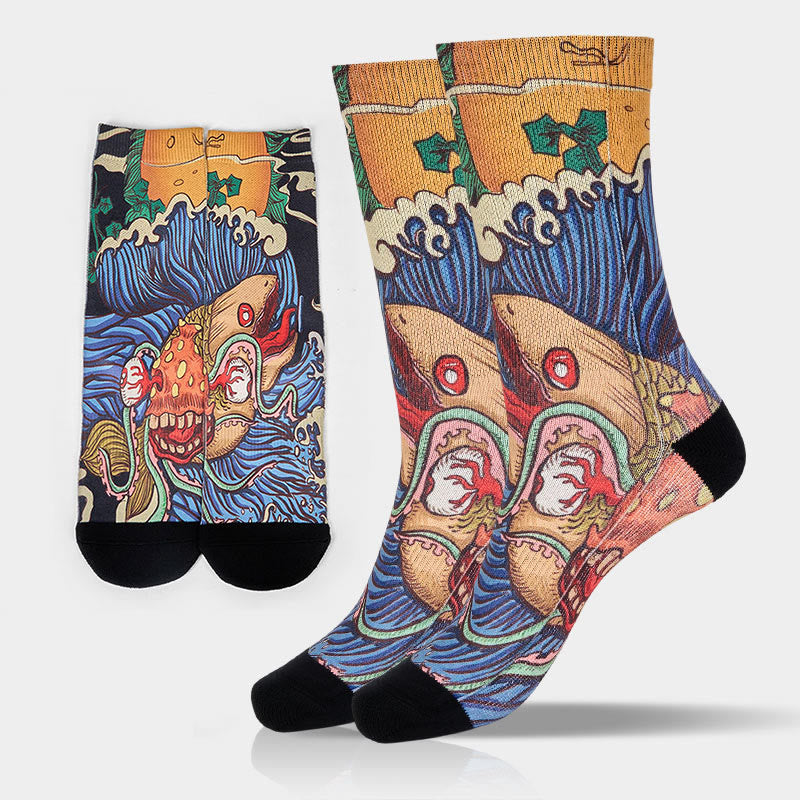 Buddha Stonesカジュアル 鮮やかな魚 流れる波 マイクロクルー メンズ レディース ユニセックス ソックス - スティールブルー - ML(US 8-12、 EU 41-45、 UK/AU 7.5-11.5、AISA 25.5-28.5cm) - image 0
