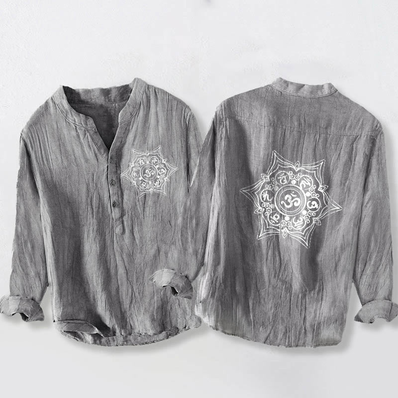 Buddha Stones、オーム・マニ・パドメ・フム、マンダラ、ハーフボタンデザイン、長袖メンズコットンリネンシャツ - グレー - US/UK/AU50、EU60 (5XL) - image 6