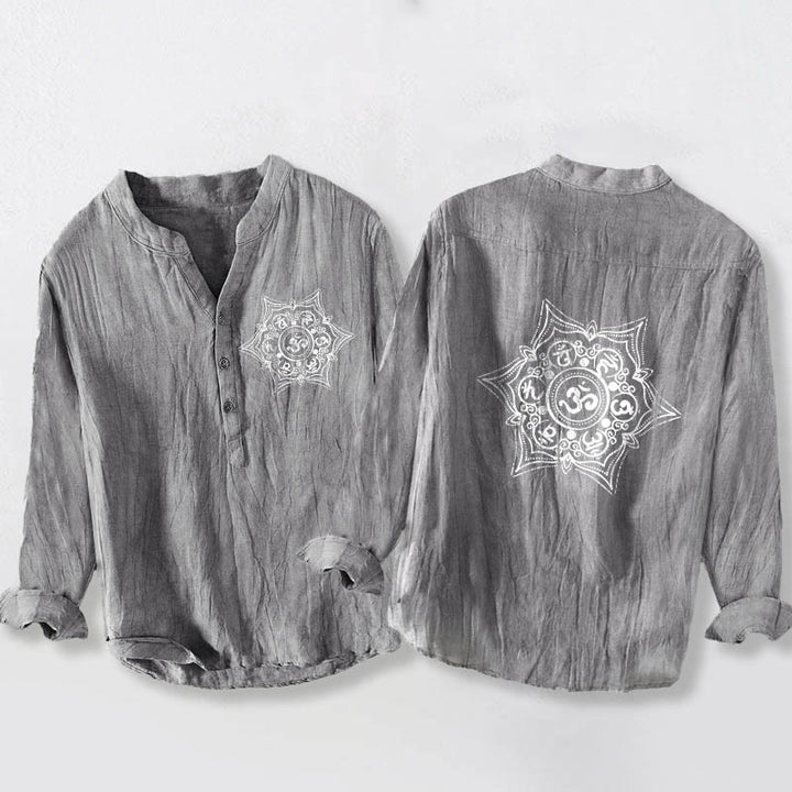 Buddha Stones、オーム・マニ・パドメ・フム、マンダラ、ハーフボタンデザイン、長袖メンズコットンリネンシャツ - グレー - US/UK/AU50、EU60 (5XL) - image 6