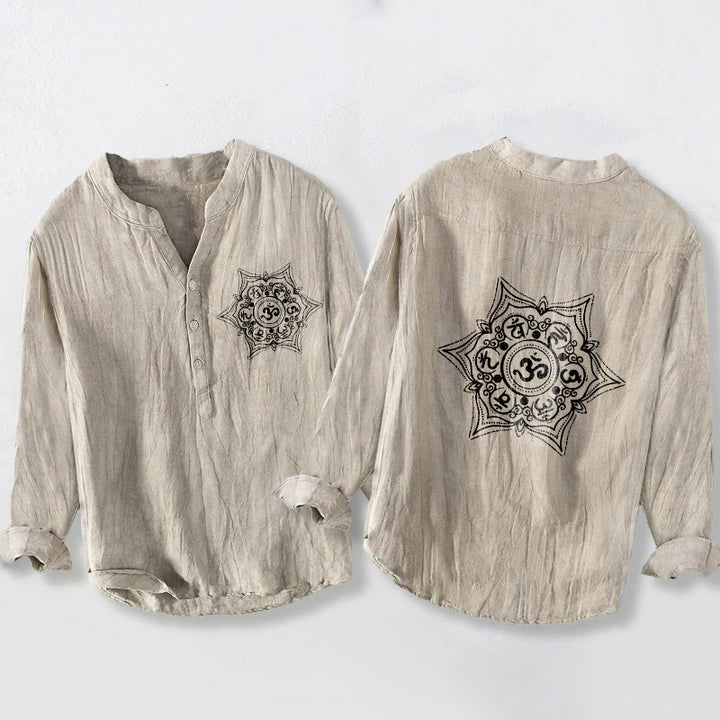 Buddha Stones、オーム・マニ・パドメ・フム、マンダラ、ハーフボタンデザイン、長袖メンズコットンリネンシャツ - リネン - US/UK/AU50、EU60 (5XL) - image 3
