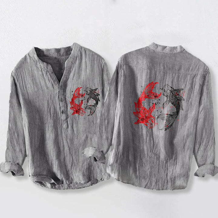 Buddha Stones、陰陽、鯉の模様、ハーフボタンデザイン、メンズ長袖コットンリネンシャツ - グレー - US/UK/AU50、EU60 (5XL) - image 0