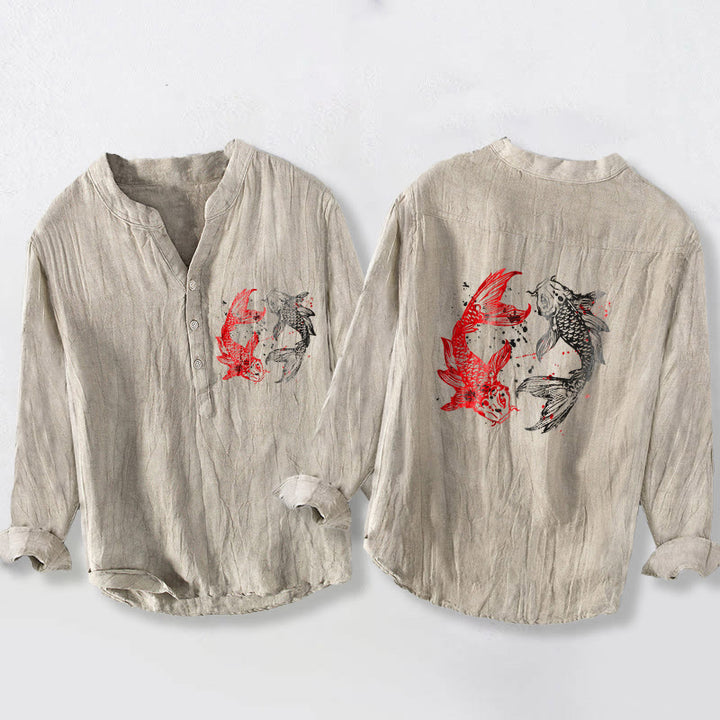 Buddha Stones、陰陽、鯉の模様、ハーフボタンデザイン、メンズ長袖コットンリネンシャツ - リネン - US/UK/AU50、EU60 (5XL) - image 6