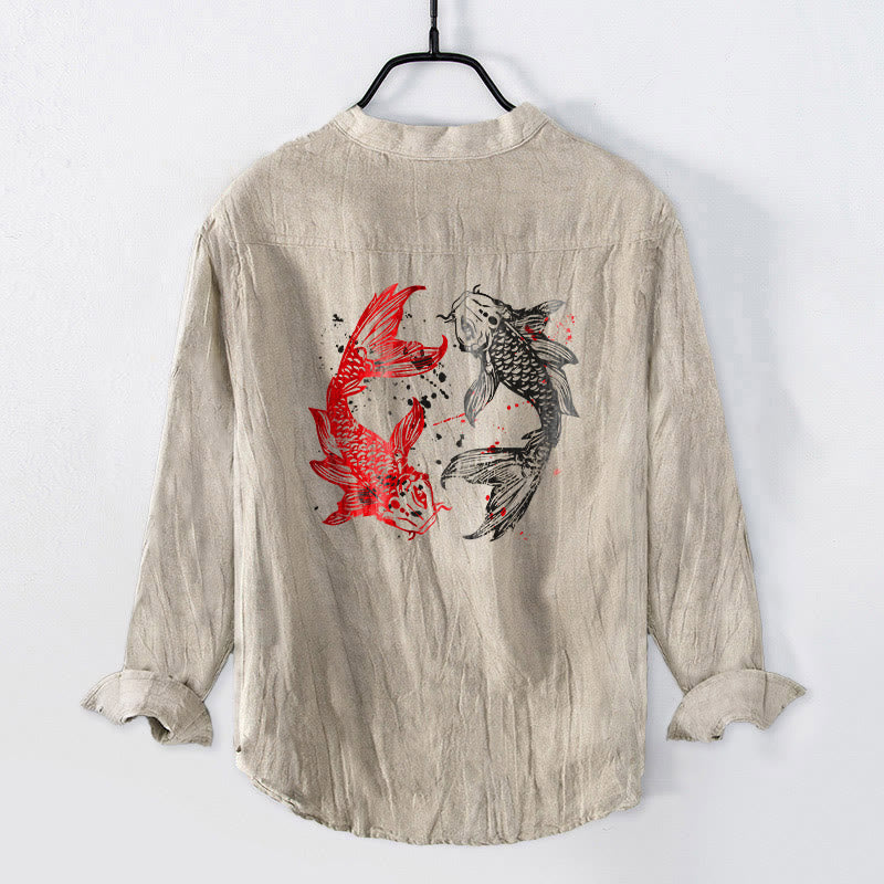 Buddha Stones、陰陽、鯉の模様、ハーフボタンデザイン、メンズ長袖コットンリネンシャツ - image 8