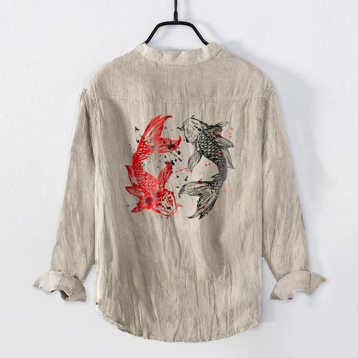 Buddha Stones、陰陽、鯉の模様、ハーフボタンデザイン、メンズ長袖コットンリネンシャツ - image 8