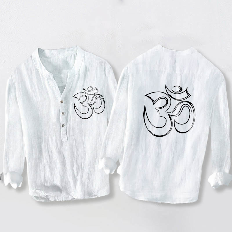 Buddha Stonesと無地オームシンボル柄ハーフボタンデザイン メンズ コットンリネン 長袖シャツ - 白 - US/UK/AU50、EU60 (5XL) - image 6