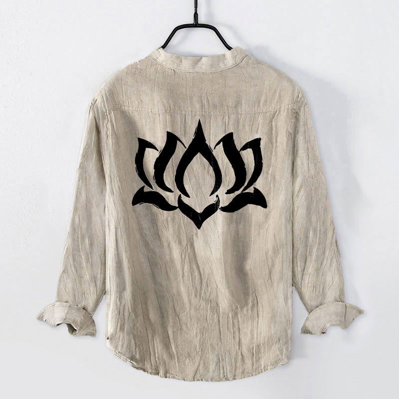 Buddha Stonesと蓮のオームシンボル柄のハーフボタンデザイン メンズ コットンリネン 長袖シャツ - image 5