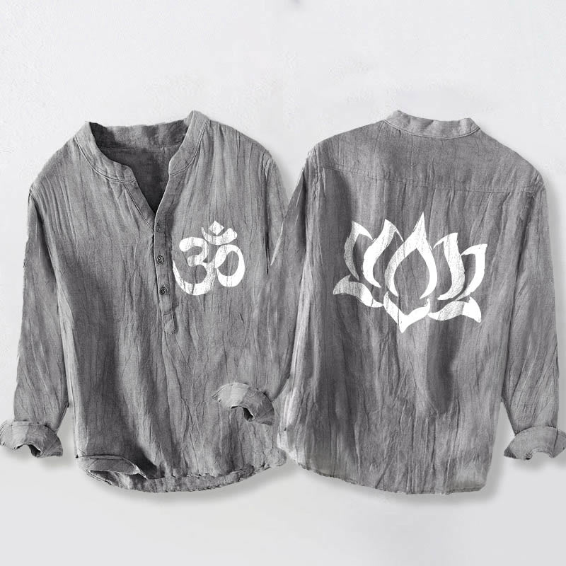 Buddha Stonesと蓮のオームシンボル柄のハーフボタンデザイン メンズ コットンリネン 長袖シャツ - グレー - US/UK/AU50、EU60 (5XL) - image 0