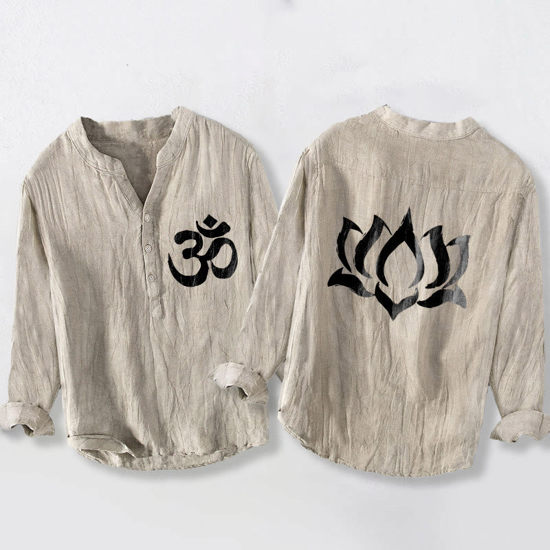 Buddha Stonesと蓮のオームシンボル柄のハーフボタンデザイン メンズ コットンリネン 長袖シャツ - リネン - US/UK/AU50、EU60 (5XL) - image 3