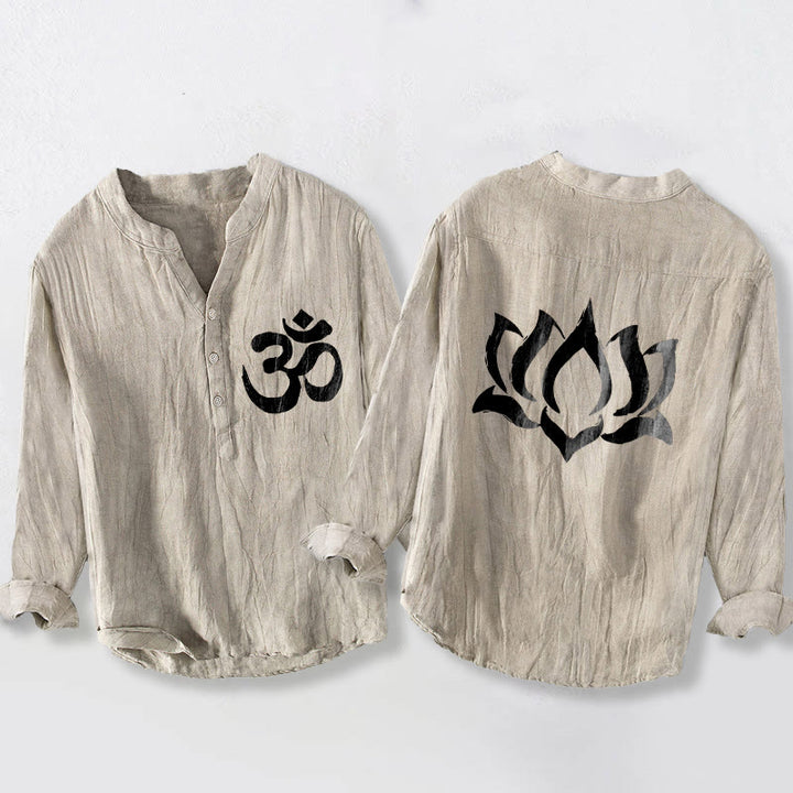 Buddha Stonesと蓮のオームシンボル柄のハーフボタンデザイン メンズ コットンリネン 長袖シャツ - リネン - US/UK/AU50、EU60 (5XL) - image 3