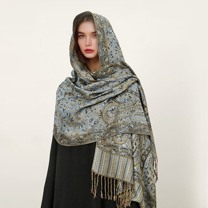 Buddha Stonesエスニック デイリー チベット ペイズリー柄 タッセル コージー スカーフ ショール - ライトスチールブルー - 70×180cm - image 24