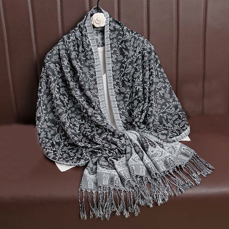 Buddha Stonesチベット ジャカード ペイズリー 花柄 カラーコントラストデザイン タッセル 心地よいスカーフ ショール - ディムグレー - image 35